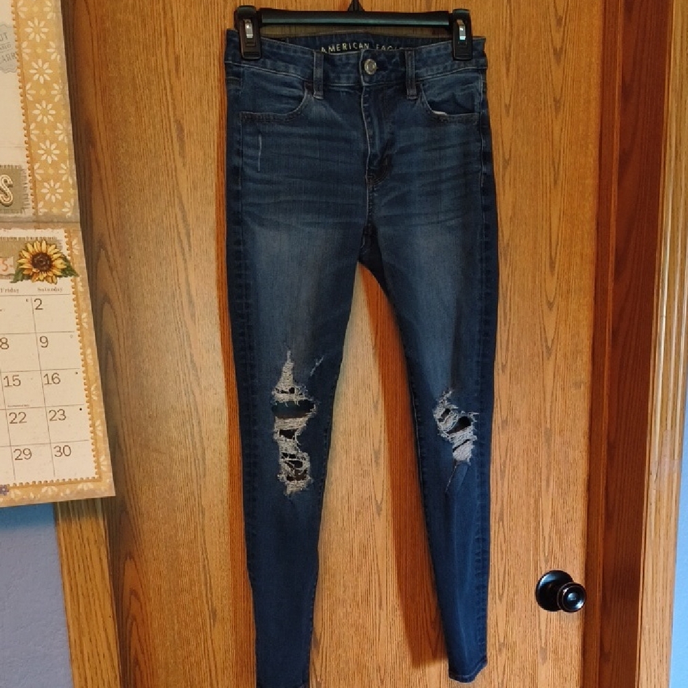 American Eagle Women's Dark Blue Ripped Skinny Jeans